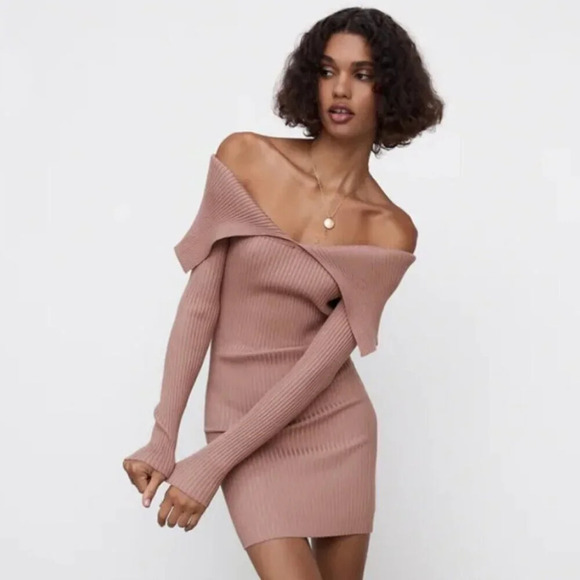Zara Ribbed Knit Off Shoulder Long Sleeve Mini Dress NWT Mauve Size Small - Picture 1 of 7